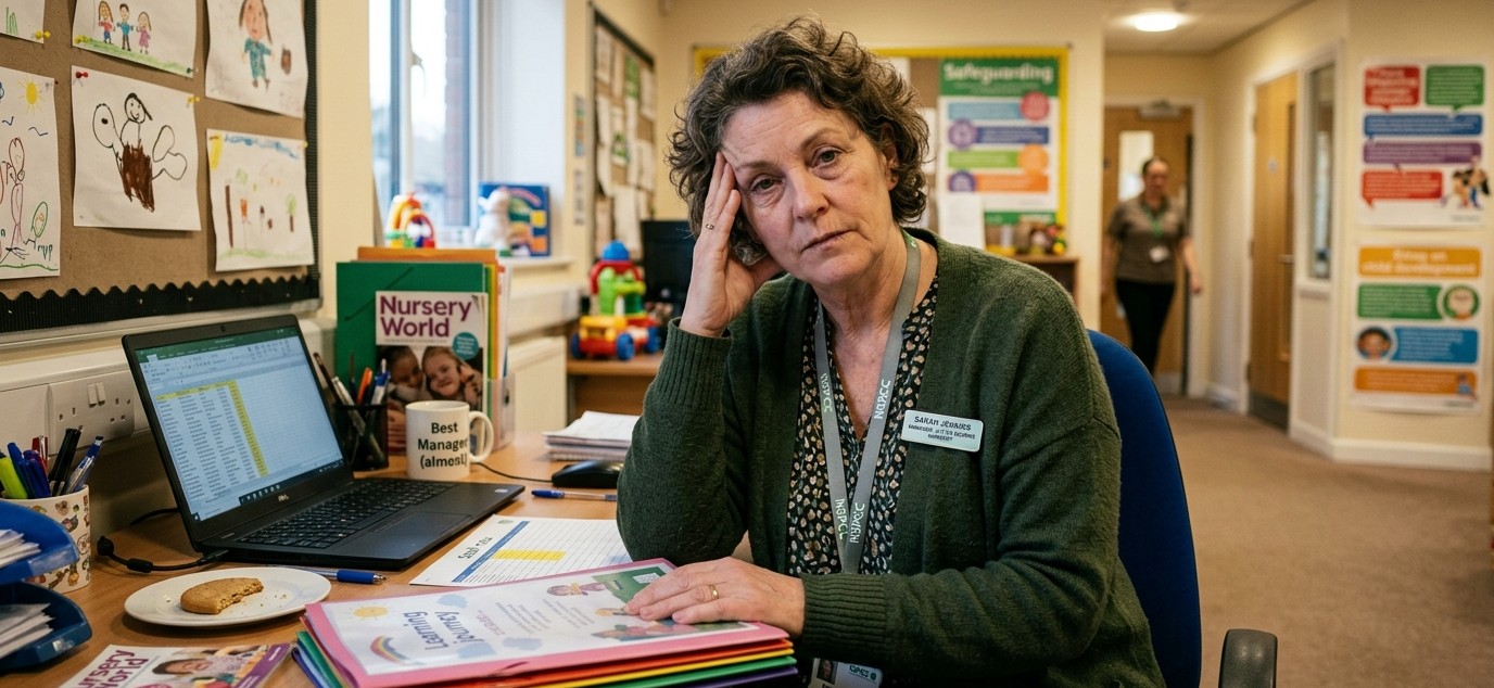 Nursery manager overwhelmed at desk