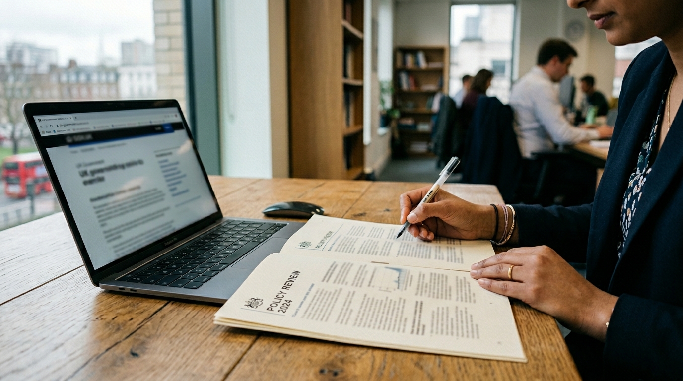 Consultant reviewing visa documents at desk