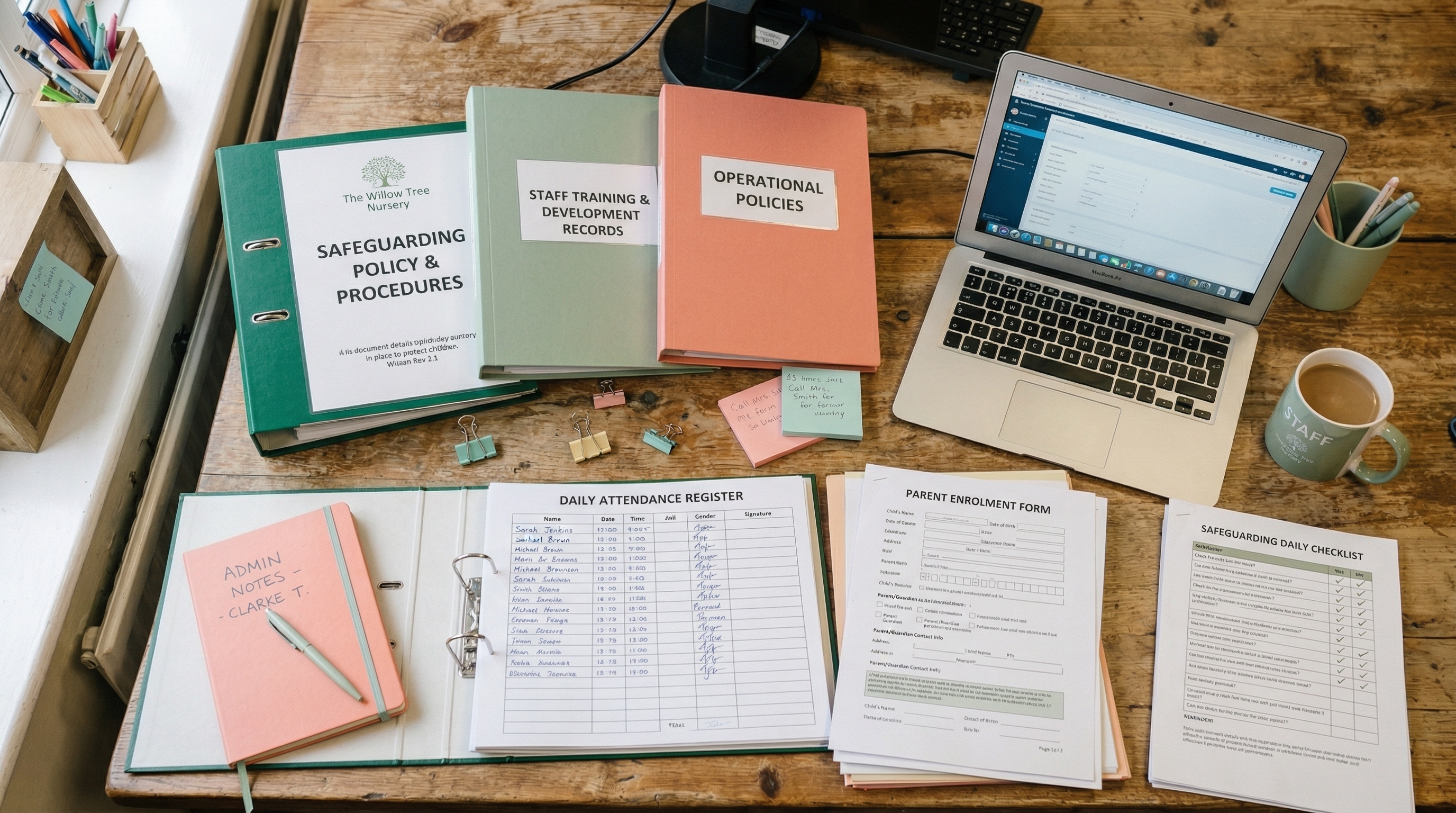 Nursery staff organising compliance documentation