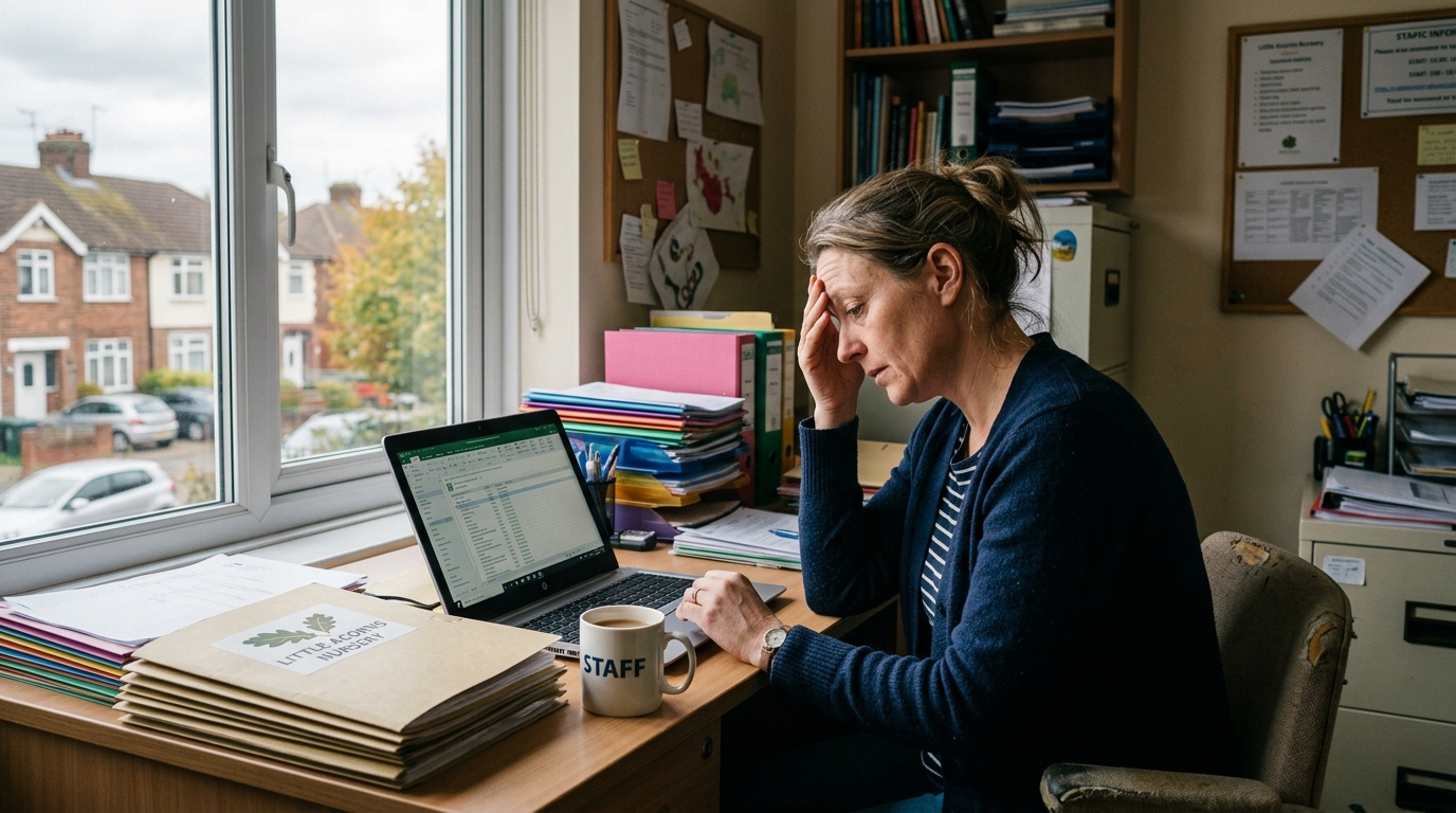 Nursery manager overwhelmed at desk