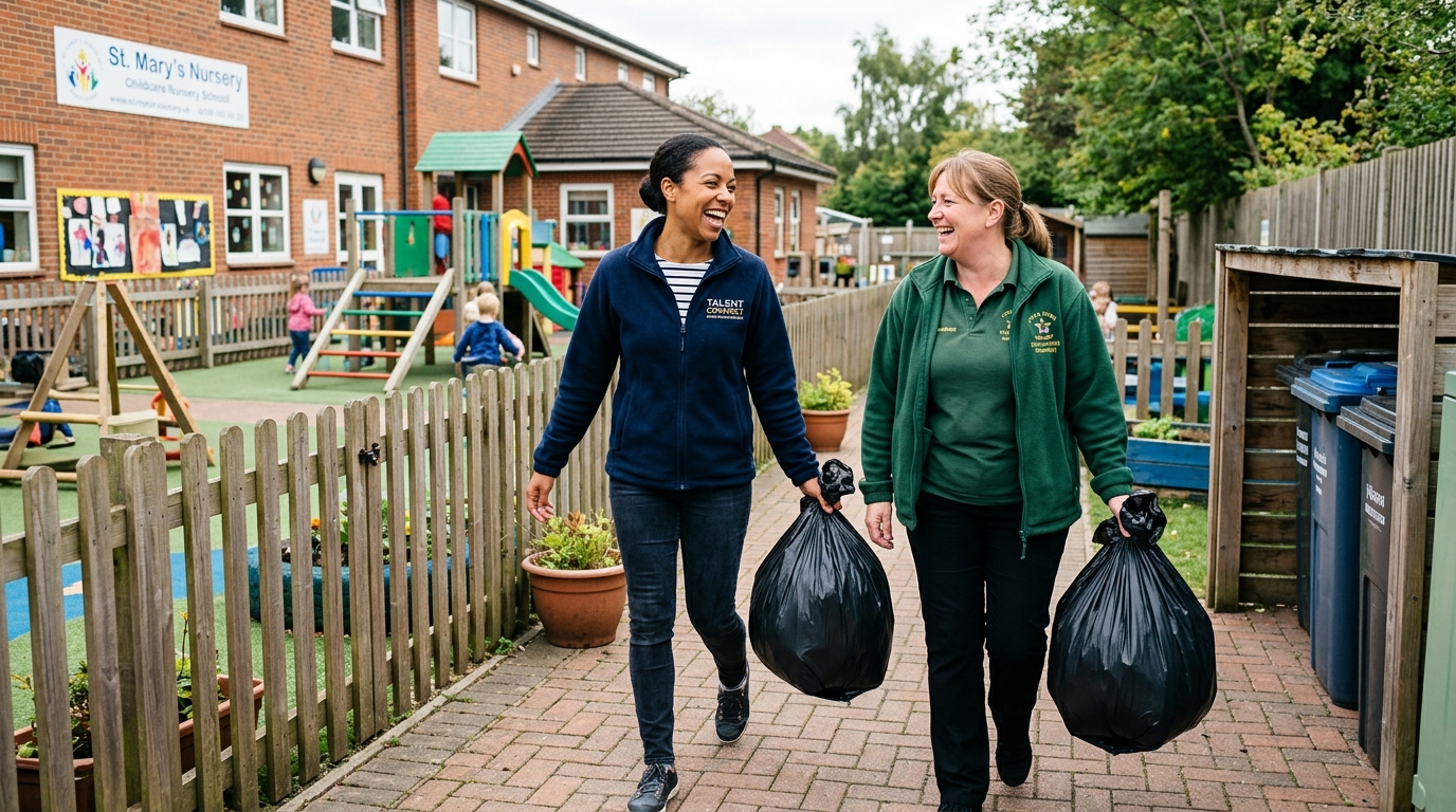 Talent Connect staff helping during lunch at nursery