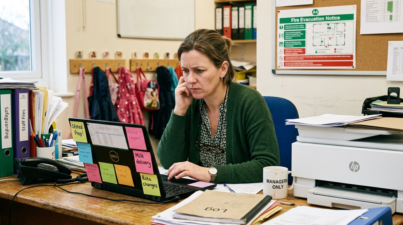 Nursery manager at a busy desk